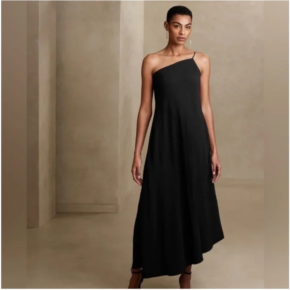 Banana Republic Asymmetrical One Shoulder Flounce Maxi Dress Black 4 NEW $140